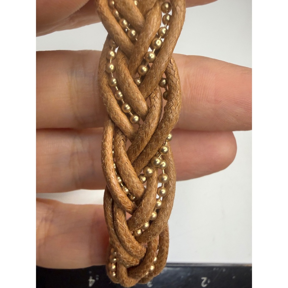 Braided Tan Leather and Gold Ball Chain Toggle Bracelet Adjustable Boho